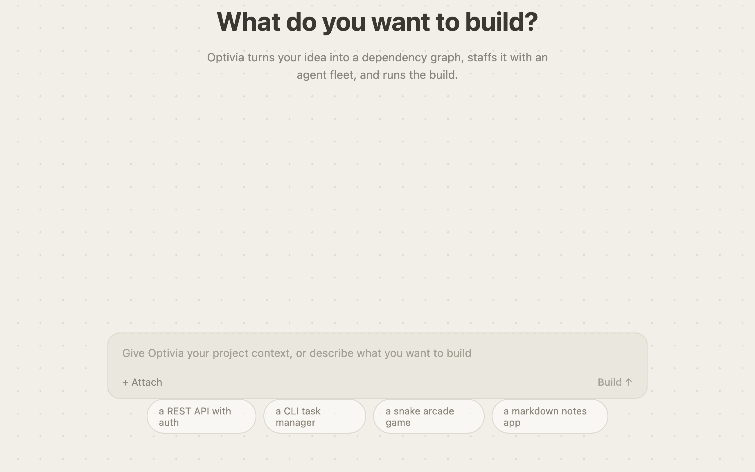 Optivia new project screen asking "What do you want to build?"